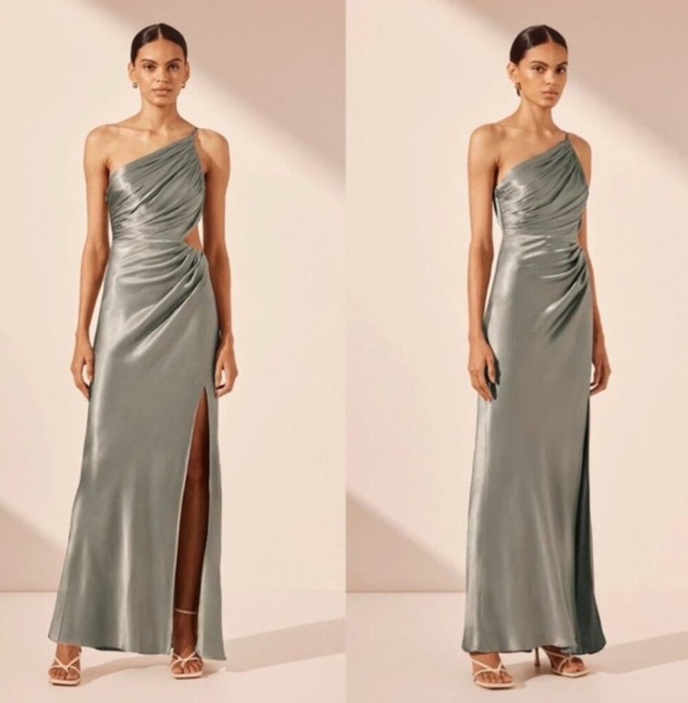 Shona Joy La Lune Asymmetrical Satin Maxi Dress in Sage Green Size 6
